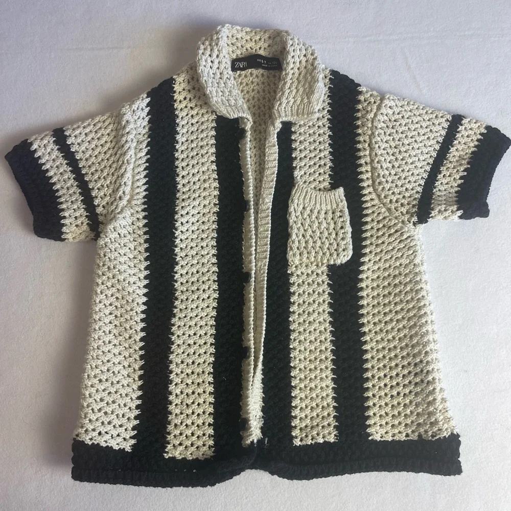 Zara Girls Size 6-7 Chunky Cotton Knit Cardigan Sweater Cream Ivory Black Stripe